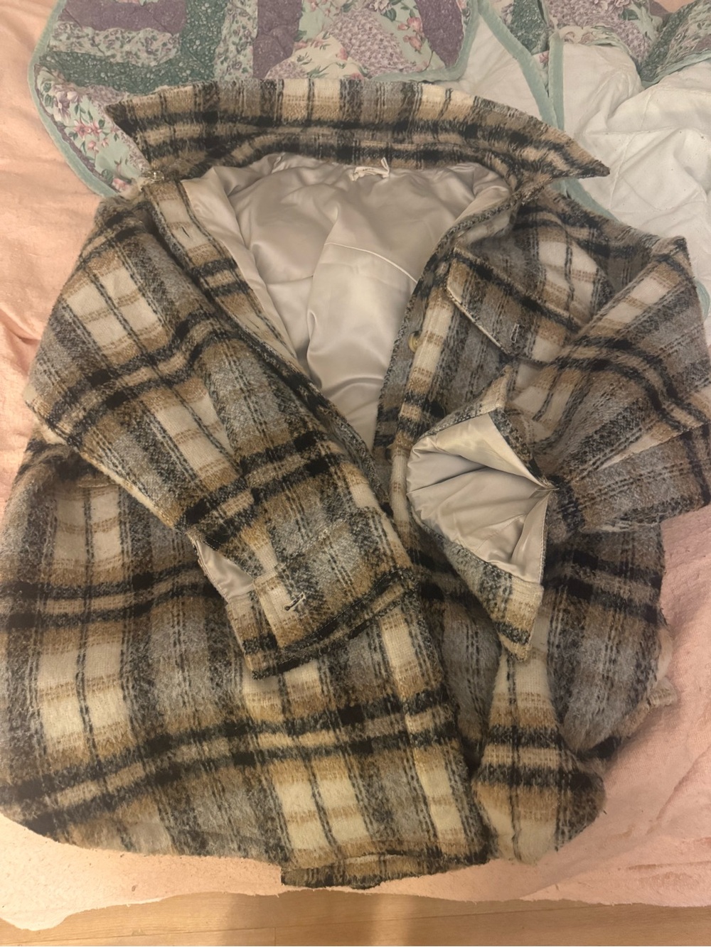Good American Plaid Pea Coat in Beige, Black and Cream Tones